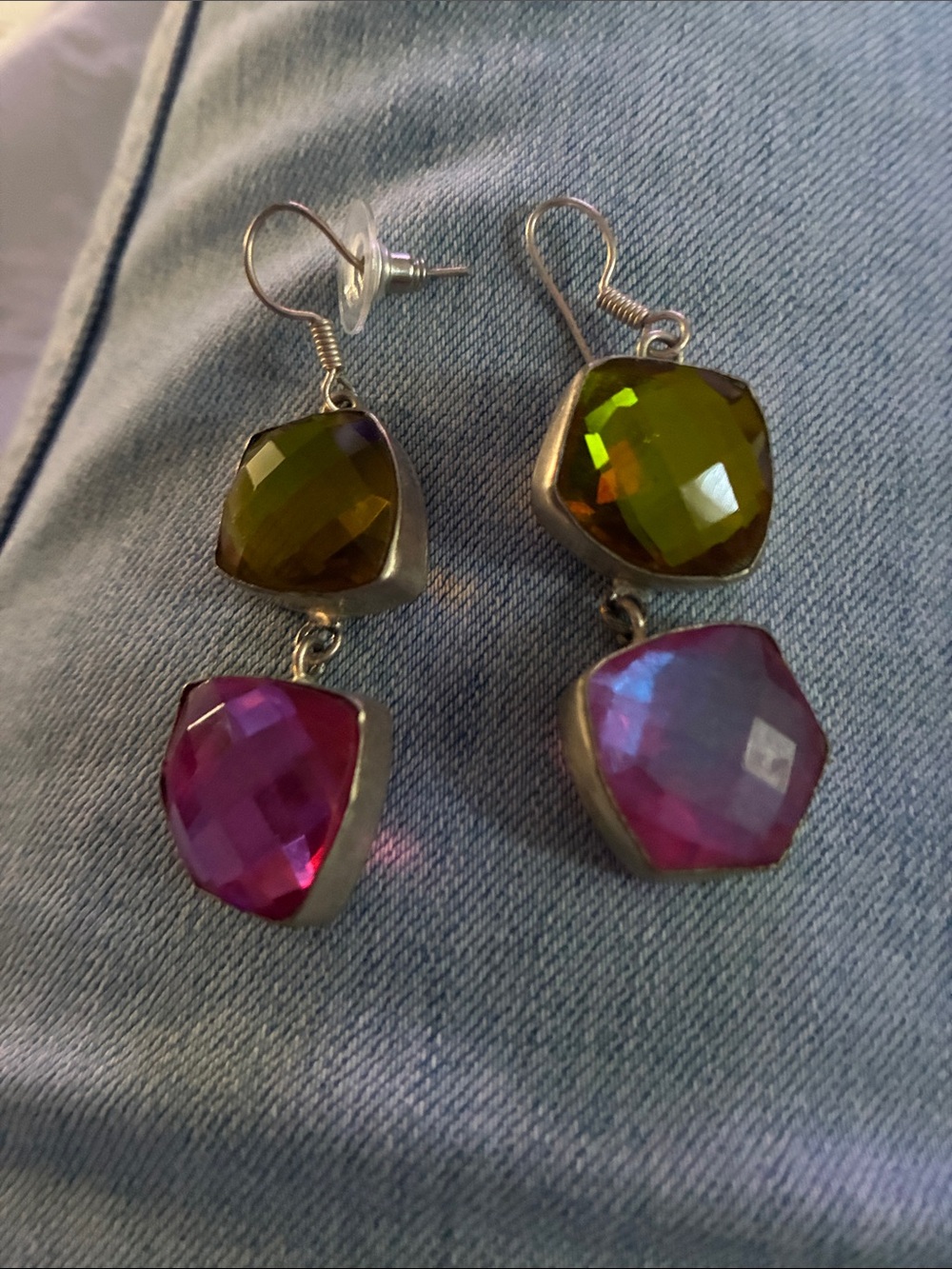 Silver-Tone Drop Earrings with Green and Pink Faceted Stones